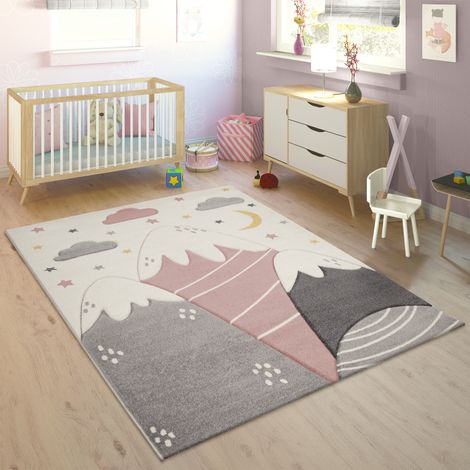 Paco Home Kinderteppich Teppich Kinderzimmer Junge Mädchen Berge Sterne Wolken 3D Pink 120x170 cm