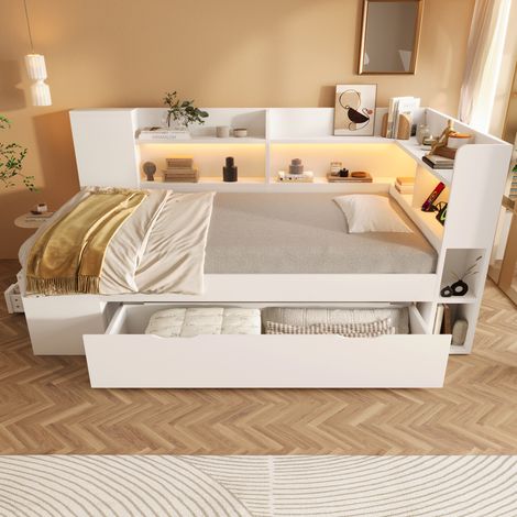 Letto singolo 90x200 cm bianco in legno con LED, prese USB-C, cassetti e scaffali (1/5)