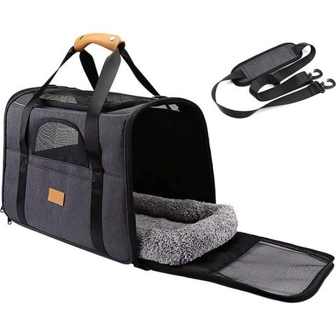 Haustiertransportbox, tragbare Katzentasche mit Öffnung oben, atmungsaktives Netzgewebe, Transportbox für Katzen und Hunde, Grau (maximal 7 kg) (1/5)