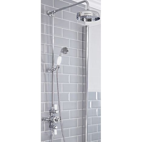 Milano Elizabeth Grand Rigid Riser with 2 Outlet Exposed Triple Thermostatic Mixer Shower Valve Round Rainfall Shower Head and Hand Shower Handset - Chrome & White (1/5)
