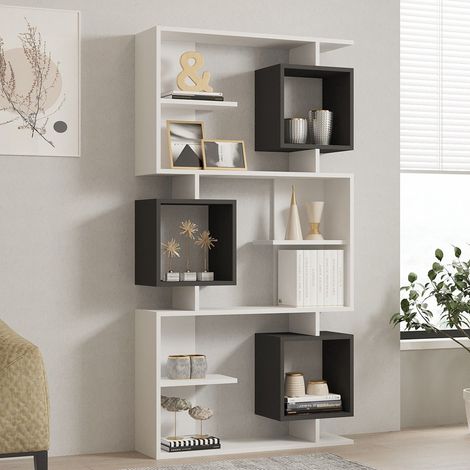 Libreria Cergnago, Biblioteca 8 Ripiani, Installazione Fissaggio al Muro, Sfumatura Colore Struttura Antracite, 90x25x172h cm Bianco (1/5)