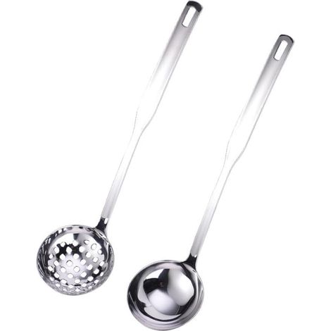 Louche à soupe en acier inoxydable et écumoire perforée avec crochet de suspension intégré pour le rangement des bords ou des crochets d'armoire (1/5)