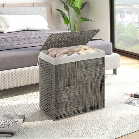 Panier à Linge 110L Pliable à 2 Sections avec Couvercle Panier à Linge en Rotin Tressé à la Main avec Poignées Pratiques Gris CW7058 Maison Chic (1/4)