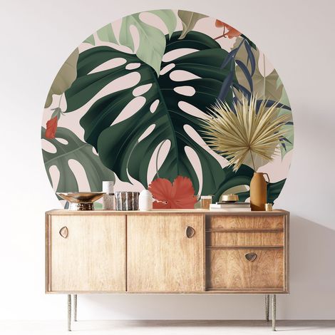Sticker mural rond / cercle - Motif botanique - Diamètre 60 cm - Adhésif MAT (1/3)
