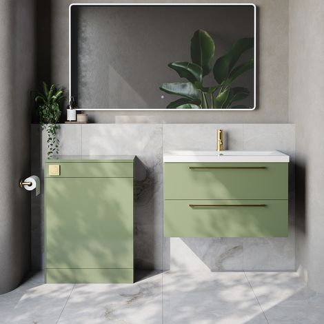 Napoli 390 Cento Olive Green 1400mm Wall Mounted 2 Drawer Vanity Unit and Toilet Suite with Glide Basin - 1400mm - Brushed Brass 480mm HandleWithout Kingston Toilet Pan