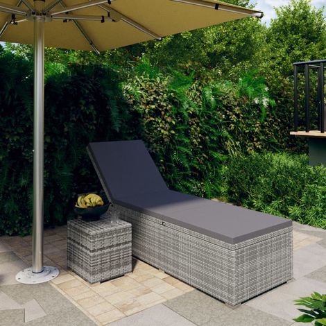 Sun Lounger with Cushion and Tea Table Poly Rattan Grey vidaXL (1/5)