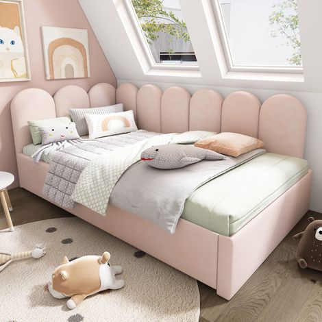 Lit banquette 90x200 cm lit enfant convertible gigogne 90x190 cm, 2 tiroirs, velours, rose (1/5)