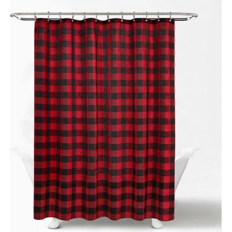 Buffalo Check Shower Curtain(180x180): Cotton Blend Plaid Woven Texture & Machine Washable, Water-Repellent, Rustic Farmhouse Style for Bathroom - Black and Red (1/5)