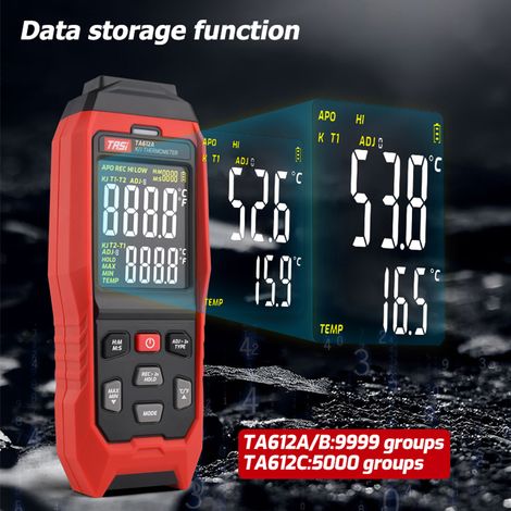 Termometro a termocoppia monocanale tipo K/J TASI TA612A -200 1372 ℃ / -328 2501 ℉, portatile, digitale LCD, con 9999 gruppi di memorizzazione dati. (1/5)