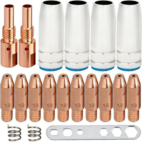 25AK MB25 MIG Buse contact de soudage Kit d'accessoires et consommables pour torche de soudage MIG/MAG comprenant 10 embouts de contact M6 (1,0 mm), 4 buses à gaz et 2 porte-buses (1/5)