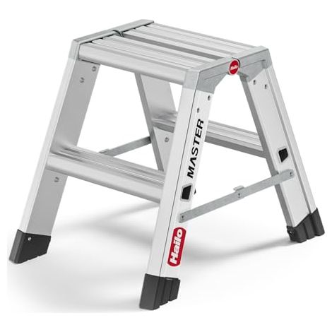 Hailo Master D80 Escalera de aluminio de doble peldaño – Escalera plegable transitable por ambos lados – Gran superficie de apoyo y peldaños antideslizantes anchos – 2 x 2 peldaños – Certificado EN