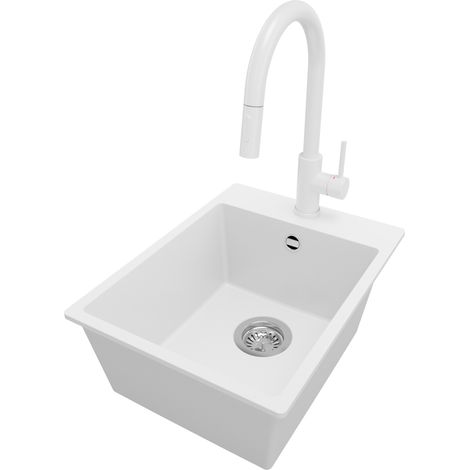 PRIMAGRAN Evier Cuisine en Granit 38x50cm, Lavabo 1 bac + Robinet 40x20cm + Kit de Vidage, Évier à Encastrer au meuble 40cm - Riga, Blanc