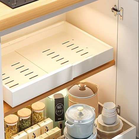 Tiroir coulissant adhésif pour cuisine – Largeur réglable 32-52 cm – Capacité 30 kg – Installation sans perçage – Système de rouleaux silencieux (1/5)