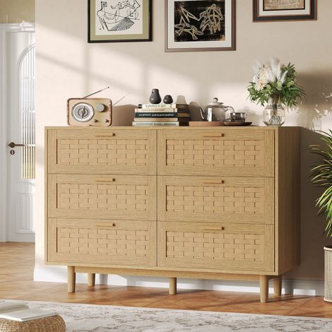 Kommode 115x40x80 cm Holz mit 6 Rattan Schubladen, 5 Füße, Vintage Rustikal, Eiche