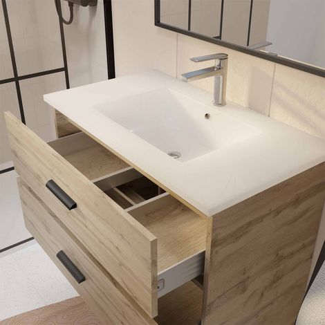 meuble de salle de bain 80 cm - chêne industriel - 3 tiroirs - vasque et miroir — vue 2