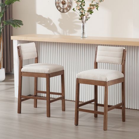 Wahson Lot de 2 tabourets de bar en bois vintage – Chaise haute avec dossier – Coussins en lin confortables – Hauteur 95cm, assise 67cm, beige