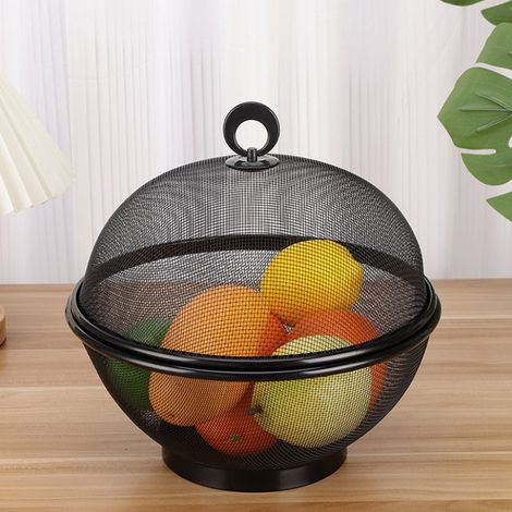 Obstschale aus Metallgewebe mit Deckel und Korb – Fruchtfliegensichere Aufbewahrung für Obst und Gemüse auf der Küchenarbeitsplatte (Schwarz/1 Stück)