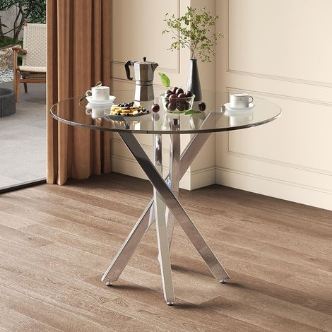 Table basse ronde 80x80x75 cm, plateau en verre trempé, pieds galvanisés, argentée (1/5)