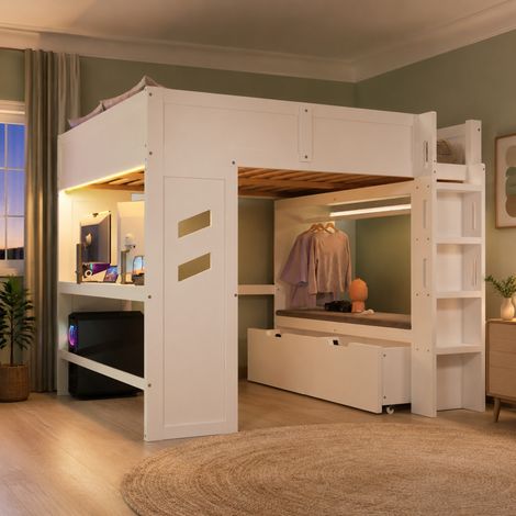 Lit mezzanine 140x200 cm en pin blanc avec bureau et LED, gain de place pour chambre – MEUBLIV (1/5)