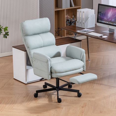 Chaise de Bureau Confortable en Cuir PU Bleu Canard, Accoudoirs Réglables 90°-180°, Dossier Inclinable, Repose-Pied, Pivotante 360°, Charge 227kg (1/5)