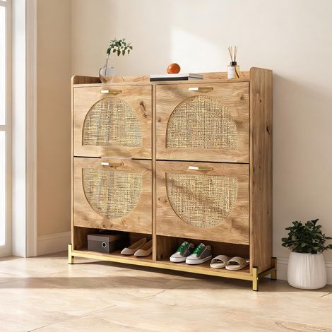 Meuble à chaussures 4 portes en MDF et rotin avec étagère (1/5)