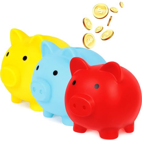 Lot de 3 tirelires mignonnes en plastique en forme de cochon, tirelire cochon adulte, tirelire cochon en plastique avec pièces de monnaie