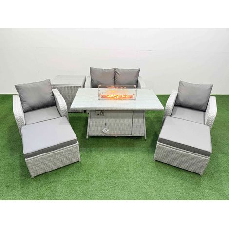 Fimous Light Grey PE Wicker Rattan Garden Furniture Set Sofa Set Reclining Chair Firepit Dining Table 6 Seater 2 Big Stools Side Table (1/4)