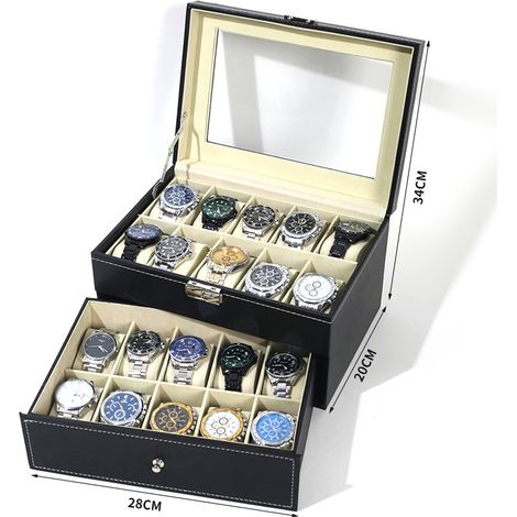 Doppelstöckige Uhrenbox mit 20 Fächern und Griff, zerlegbare Aufbewahrungs- und Präsentationsbox für Armbanduhren und Armbänder-lsw