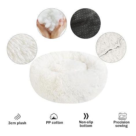 Panier Chat et Chien Rond - Coussin Chat et Chien Apaisant en Peluche, Donut Lit Lavable pour Chat Chien (S, Blanc) (1/4)
