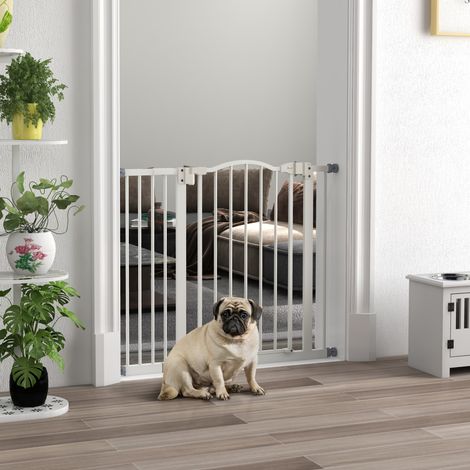 Barrière de sécurité 74-94 cm blanche pour chiens avec double serrure de pression à extension pour porte d’escalier (1/4)