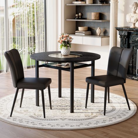 Ensemble table ronde 100x100x76cm aspect bois noir 2 fauteuils PU noir pieds métal noir design minimaliste adapté salon cuisine (1/5)