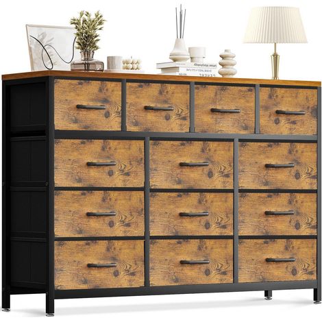 Kommode mit 13 Stoffschubladen, Holzplatte, Stahlrahmen, 140x30x101cm (1/5)