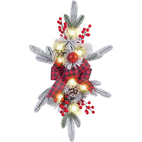 23,6 Zoll (ca. 60 cm) großer, beleuchteter Weihnachts-Treppenhausschmuck mit Lichterkette, tropfenförmiger Kranz für Haustür, Fenster und Treppenhaus, rot-schwarz (1/3)