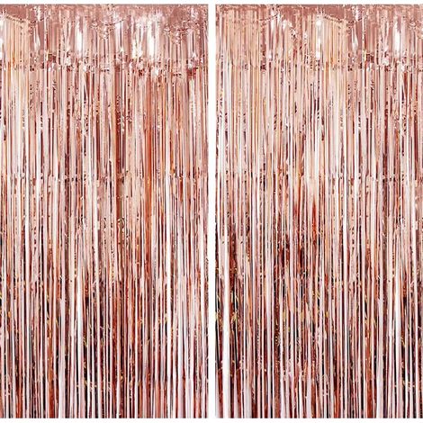 2 Rideau Métallique Tinsel Rosegold, Rideaux à Franges en Aluminium, Toile de Fond Pour Photos de Fête Rose Or, Decoration (1/5)