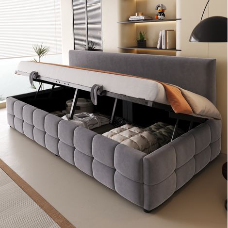 Letto 90x200 cm con contenitore idraulico grigio scuro, legno, senza materasso - FLORAGRACE (1/5)
