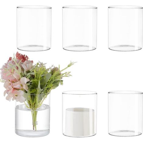 Ensemble de 6 vases cylindriques en verre, 10 cm x 8,5 cm, bouteilles transparentes pour plantes hydroponiques, idéales pour une décoration moderne, les fleurs et les fêtes. (1/5)