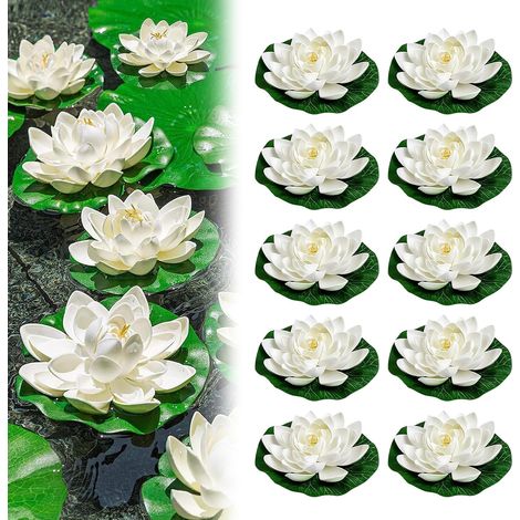 Lot de 10 Nénuphars Flottants - EVA Blanc Réaliste - Décoration Étang Jardin Aquarium - Diamètre 10 cm (1/5)