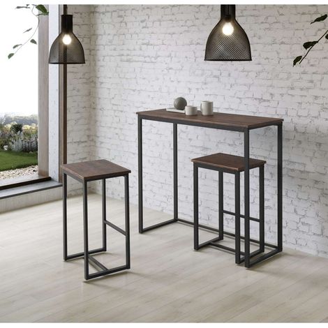 Pack mesa cocina alta + 2 taburetes altos París acabado color roble. (1/2)