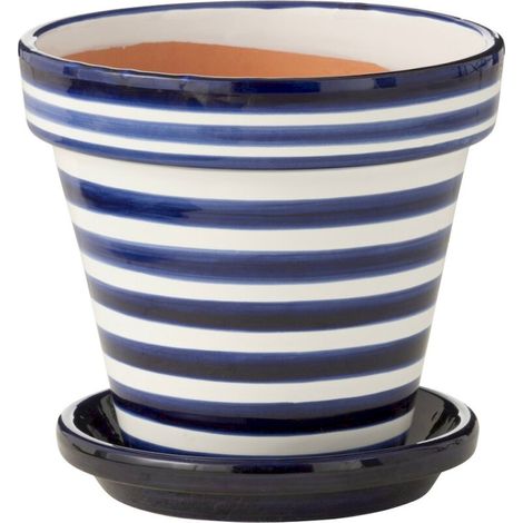Cache pot en poterie à rayures bleues - bleu cobalt et blanc (1/3)