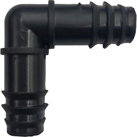 Deux coudes cannelés à 90° de 16 mm (pour le raccordement de tuyaux d'irrigation goutte-à-goutte)