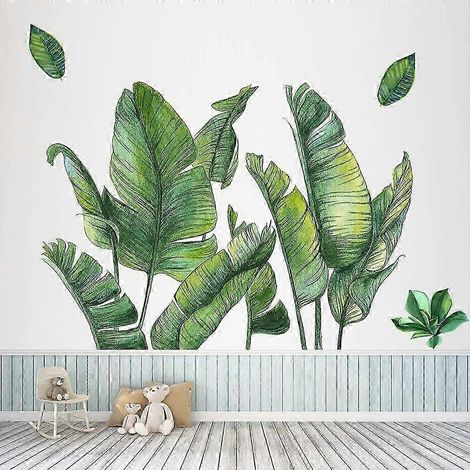 Stickers muraux végétaux verts naturels, détachables et combinables à volonté. Motifs de feuilles de palmier. Convient pour chambre, bureau, salon ou salle de télévision. (1/5)
