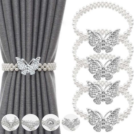 Lot de 4 embrasses de rideaux décoratives style papillon, finition argentée (1/4)