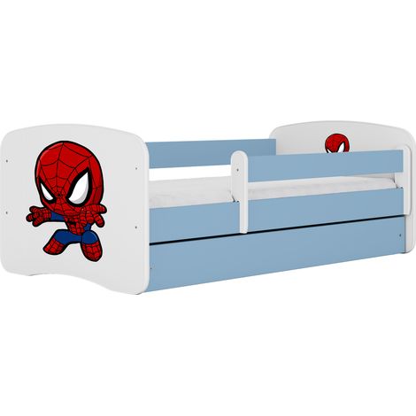 Lit enfant et junior 70 x 140 cm avec tiroir et barrière amovible, motif Super-héros araignée, bleu (1/4)