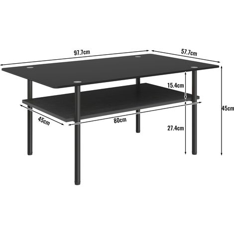 Table basse moderne avec plateau en verre noir trempé et étagère MDF, structure métallique, 98x58x45 cm (1/5)