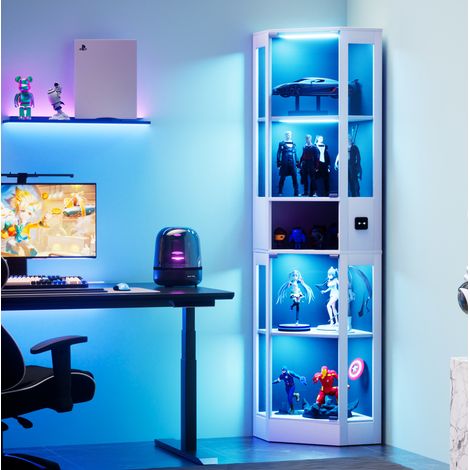 Vitrina 57x40x165 cm blanca en MDF y vidrio con LED, puertas de cristal y sensor de movimiento (1/5)