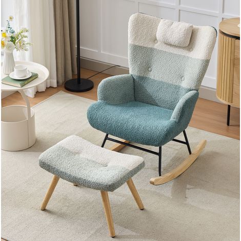 Boucle-Schaukelsessel, Schaukelstuhl im bunten Patchwork-Streifen-Look, Sessel Beine aus Gummiholz, Gestell aus gespritztem Eisen, Wohnzimmersessel, Schlafzimmersessel mit Fußbank (1/5)