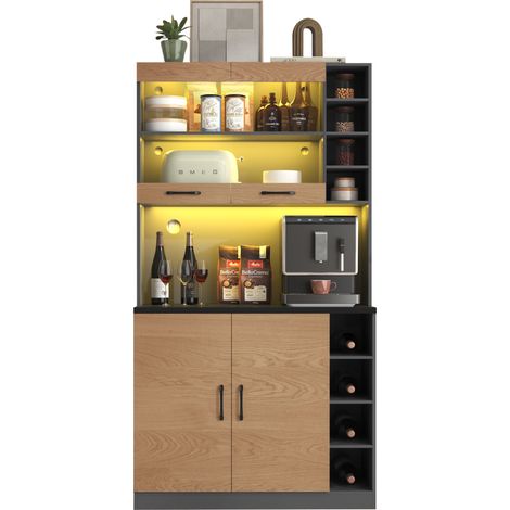 Meuble de cuisine 100x47x187 cm, buffet avec éclairage d’ambiance LED et passages de câbles, highboard en bois, grand espace pour micro-ondes, pose libre, rangements latéraux réglables en hauteur (1/5)