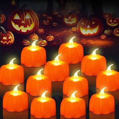 Lot 12 Guirlandes Citrouille LED Vacillante Sans Flamme, Guirlande Halloween Orange pour Fête Noël Thanksgiving Décoration (1/4)