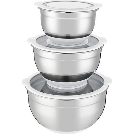 Salatschüsseln Set - ARTHUR MARTIN - AM486 - 16-20-24 cm - Luftdichte Deckel - Edelstahl - Rutschfester Silikonboden