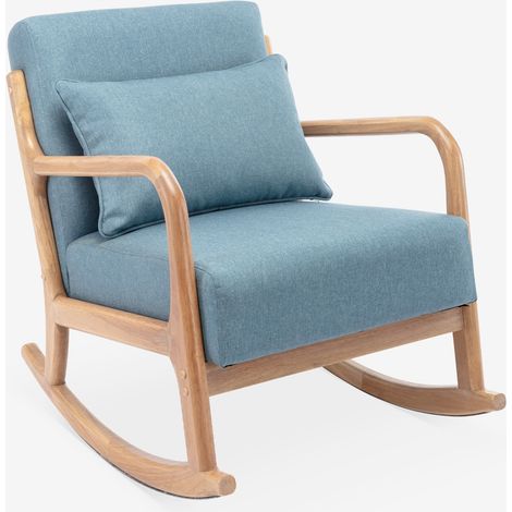 Poltrona scandinava a dondolo in legno e tessuto con braccioli